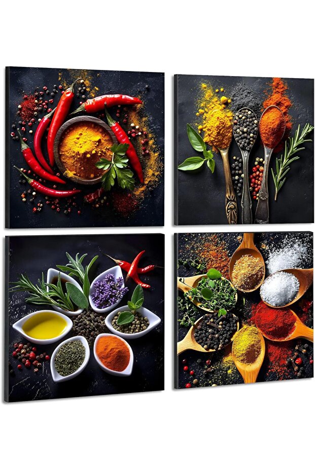 30x30 cm 4 Panel Black Gallery Wrapped Spice Canvas Set | Kitchen Wall Art | Chili Pepper Turmeric Herbs Cooking Decor | Ready to Hang