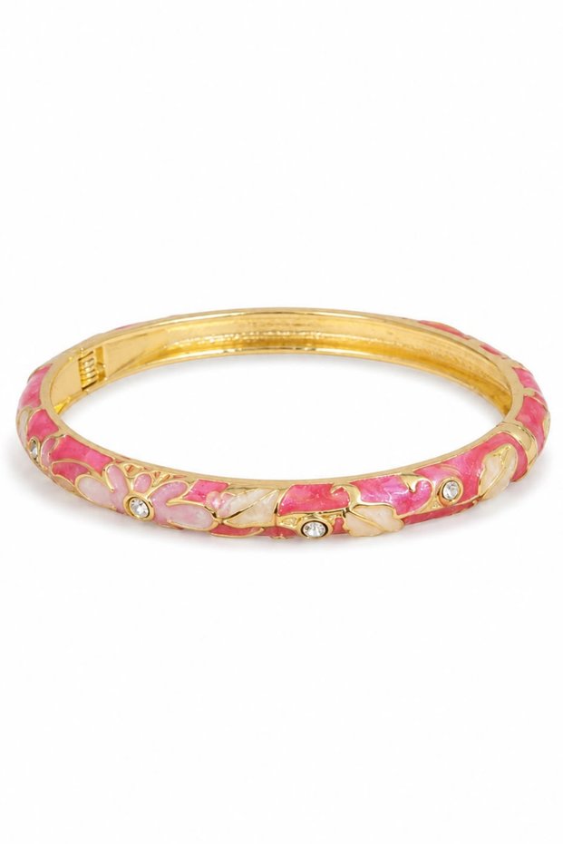 Women's Gold Color Flower Patterned Enamel Stone Detailed Handcuff Steel Bracelet