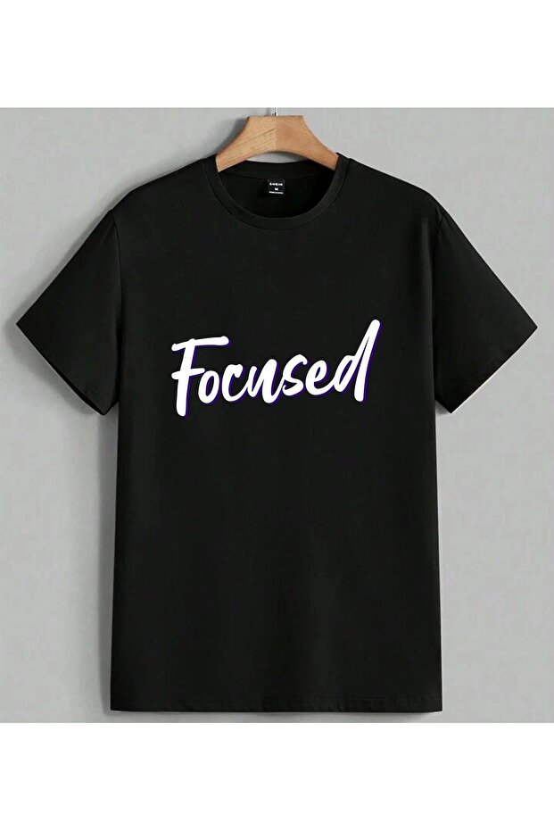 Focussed Handwritten Motivational Printed Unisex Oversize T-Shirt Black