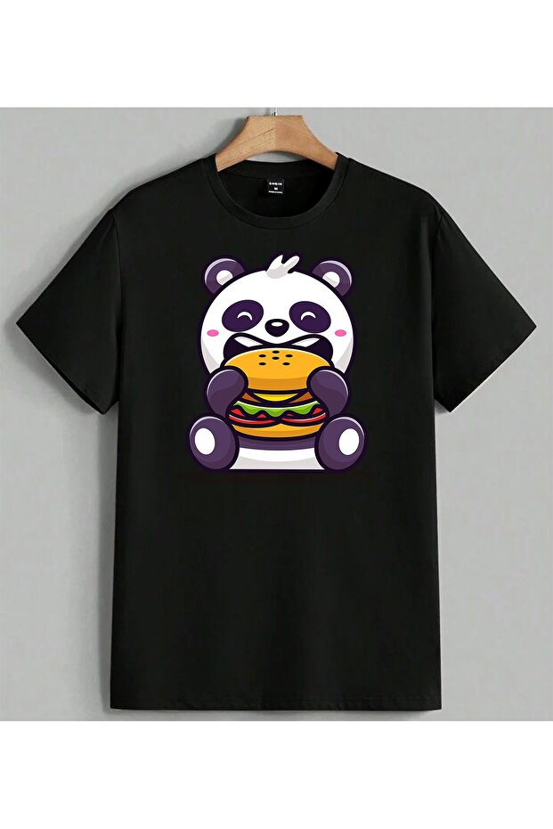 Panda Hamburger Cute Printed Unisex Oversize T-Shirt Black