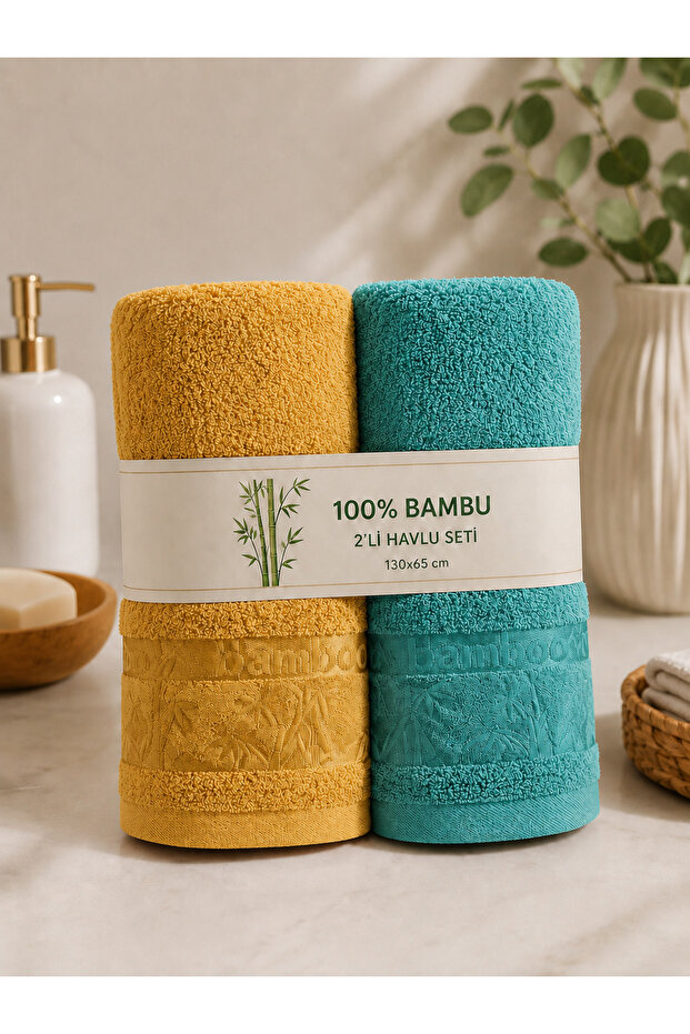 Set of 2 100% Bamboo Bath Towels Mustard-Turquoise (65X130 cm)
