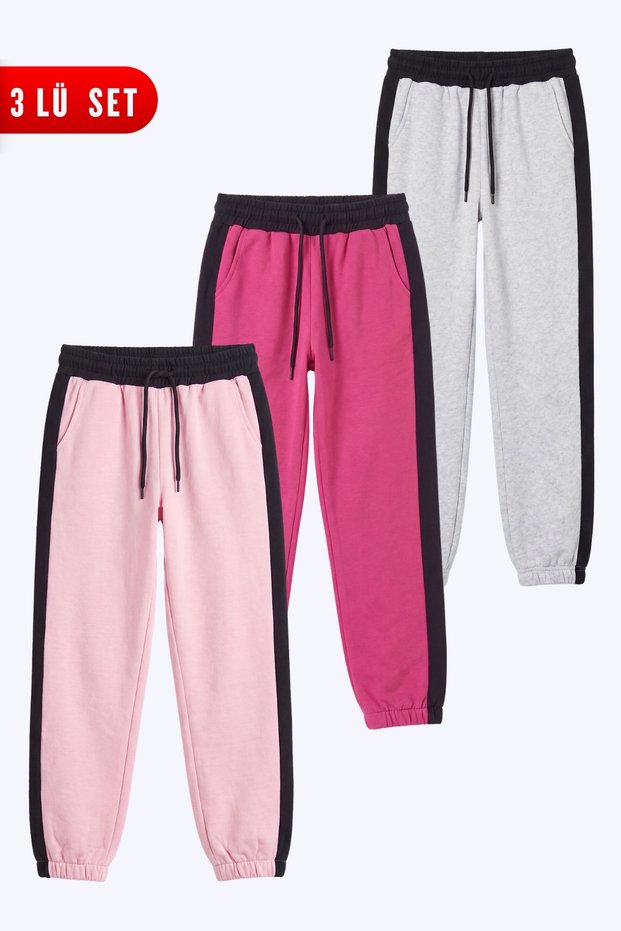 Unisex Children's 3-Piece Stripe Detailed Waist-Tie Elastic Cuffed Sweatpants Set