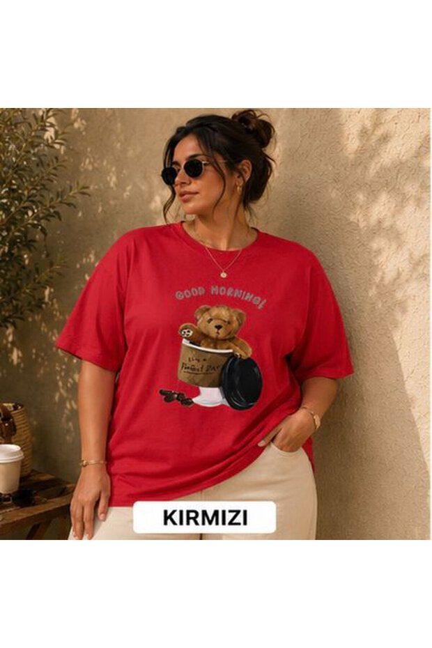 تي شيرت نسائي كبير الحجم مطبوع عليه عبارة Good Morning Teddy Bear Digital Print