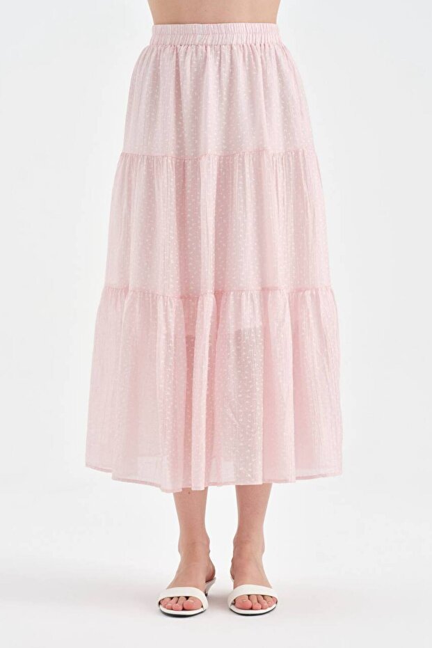 Women's buckle detailed lined belt elastic design long skirt