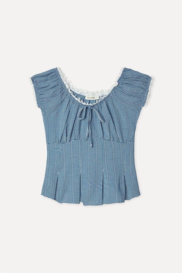 Women's Navy Blue Plaid Fitted Boat Neck Blouse