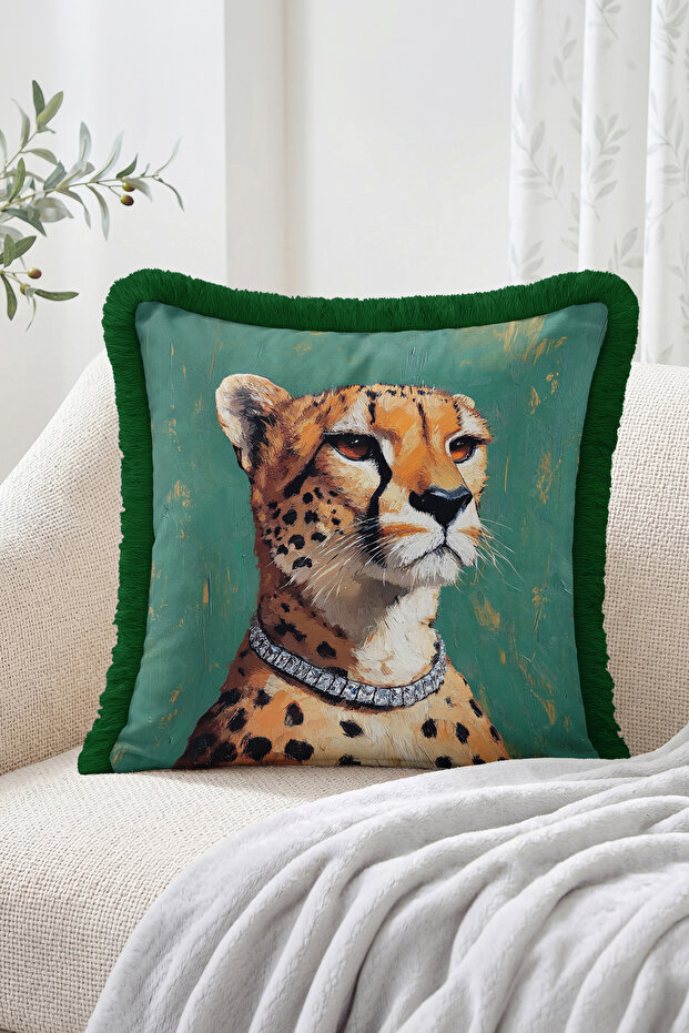Jewelry Pendant Detailed Cheetah Figured Green Background Fringed Throw Pillow Cover - Modern Decorative Pillowcase