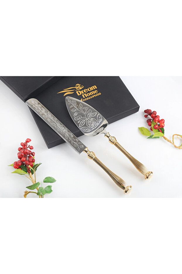 Linda Rose Detailed Cake Serving Set Gold