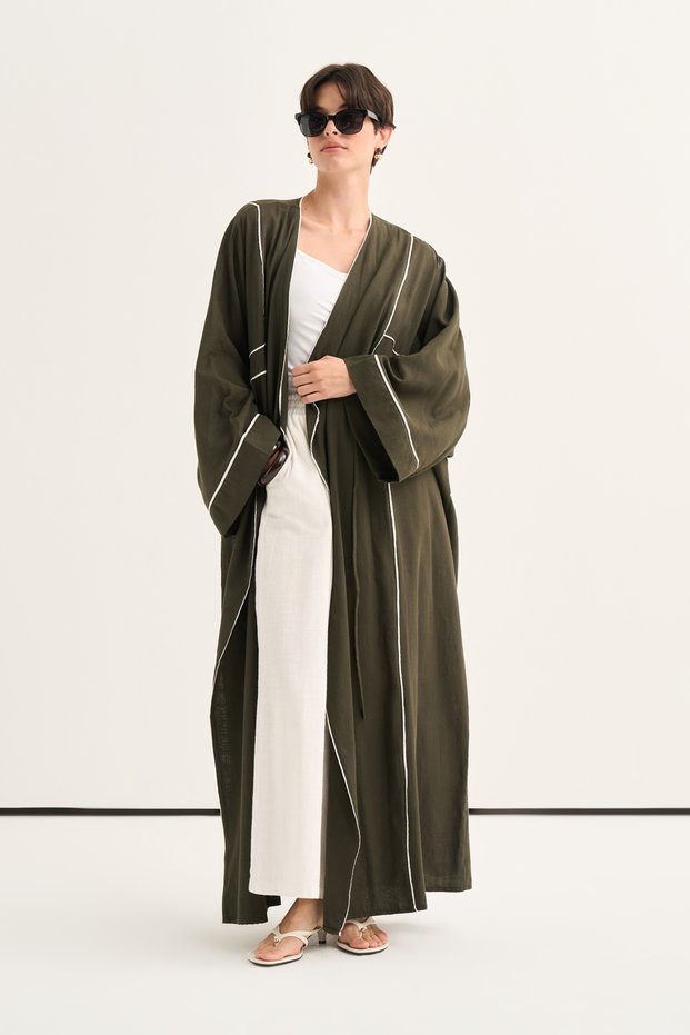 Women's Organic Cotton Abaya with Contrast Detail Khaki