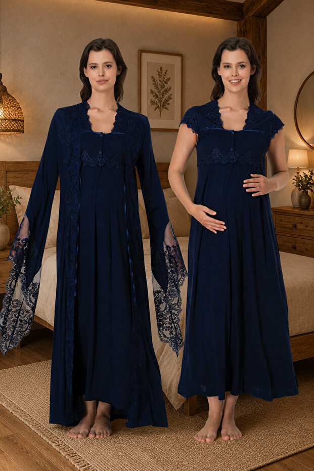 Princess Lace Dressing Gown Cotton Maternity Nightgown Set