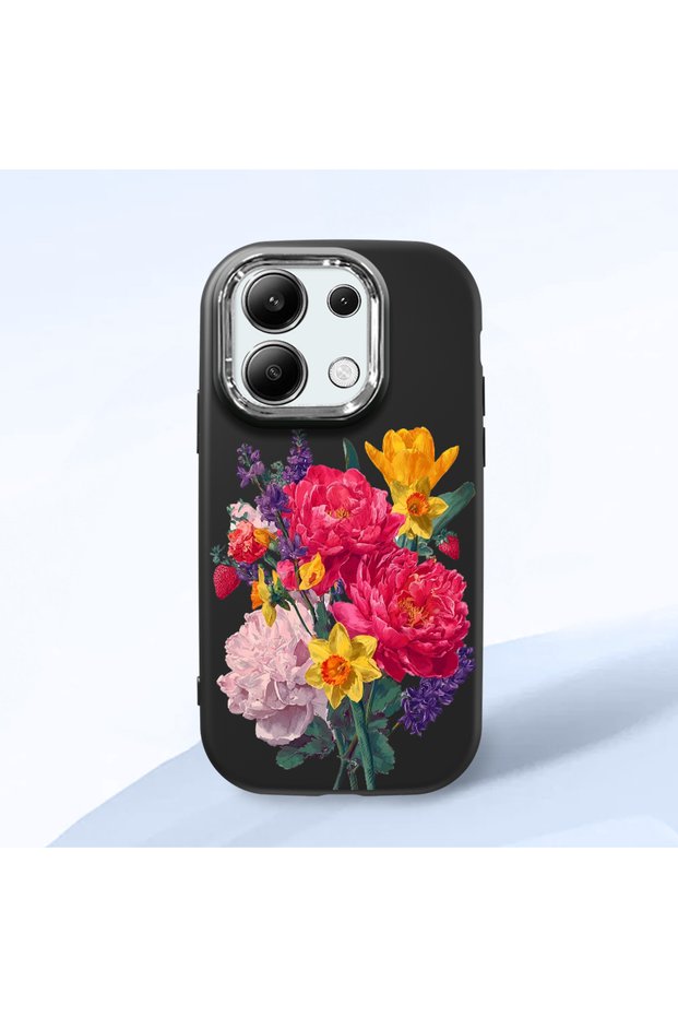 Redmi Note 13 4g Compatible Case Camera Protector Black Silicone Couple Phone Case with Floral Pattern