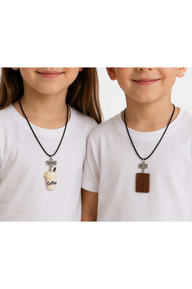 Best Friends Duo Friendship Necklace with Coffee and Cookie Figures Gift