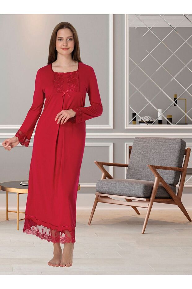 Dvina Maternity Lace Detailed Long Sleeve Nightgown - Fuchsia