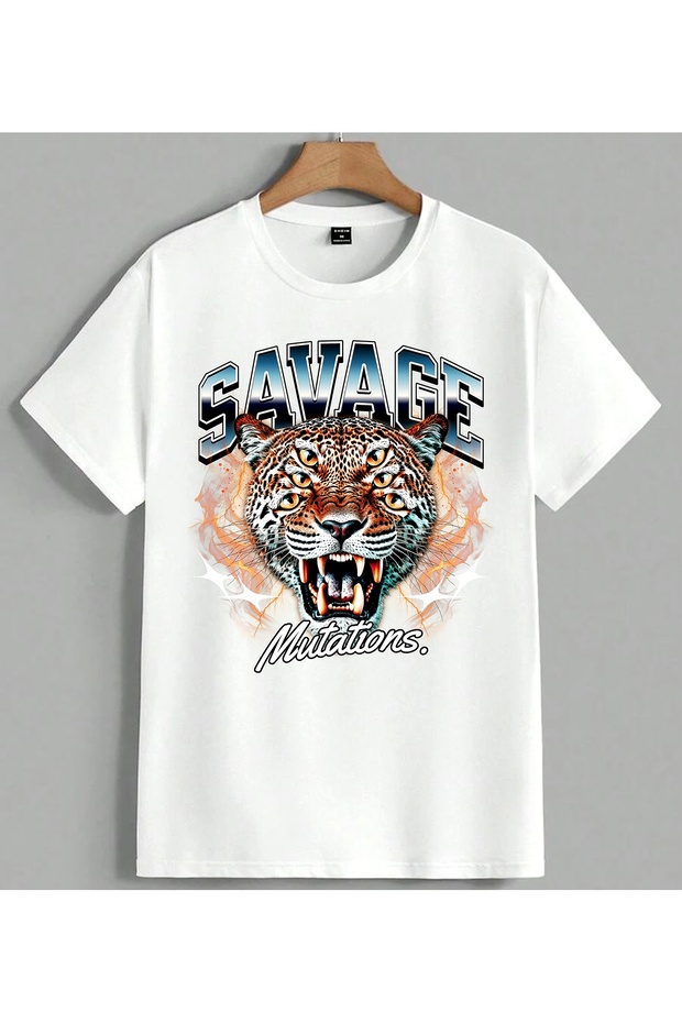 Savage Tiger Aggressive Print Printed Unisex Oversize T-Shirt White