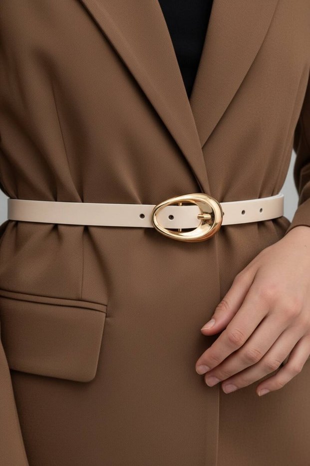 Oval Gold Buckle, Thin Women's Belt, Pants Belt, Jacket Belt, Dress Belt, Width: 2 Cm, Buckle Length: 6 cm