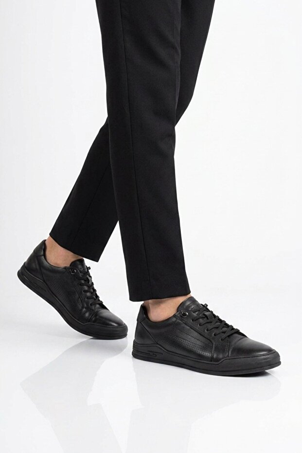 Black Genuine Leather Men's Sneaker Perforated Breathable Casual Memory Sole M682 m