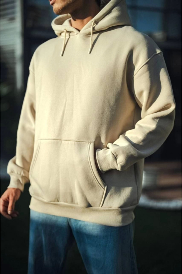 Three-thread combed cotton hooded basic sweatshirt - beige - 2