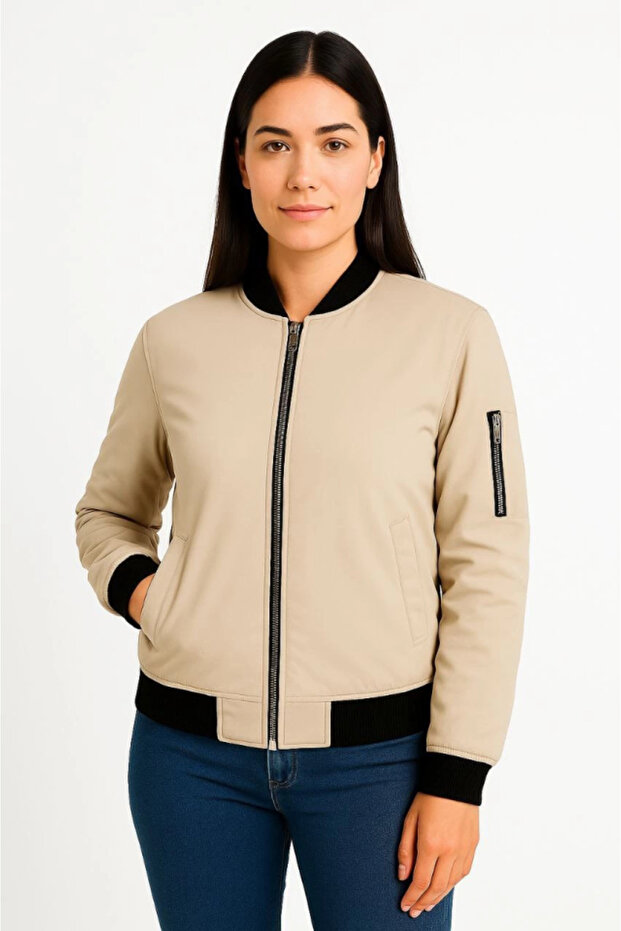 Lined zipper bomber jacket - beige