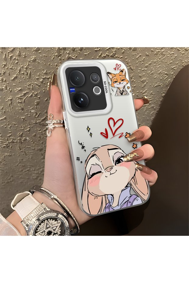 Vivo V60 Compatible Heart-Themed Fox Rabbit Printed Case, Matching Cover for Friend and Couple