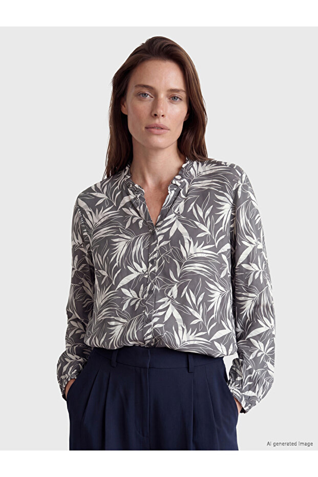 Gray Ruffled Collar Patterned Women's Shirt