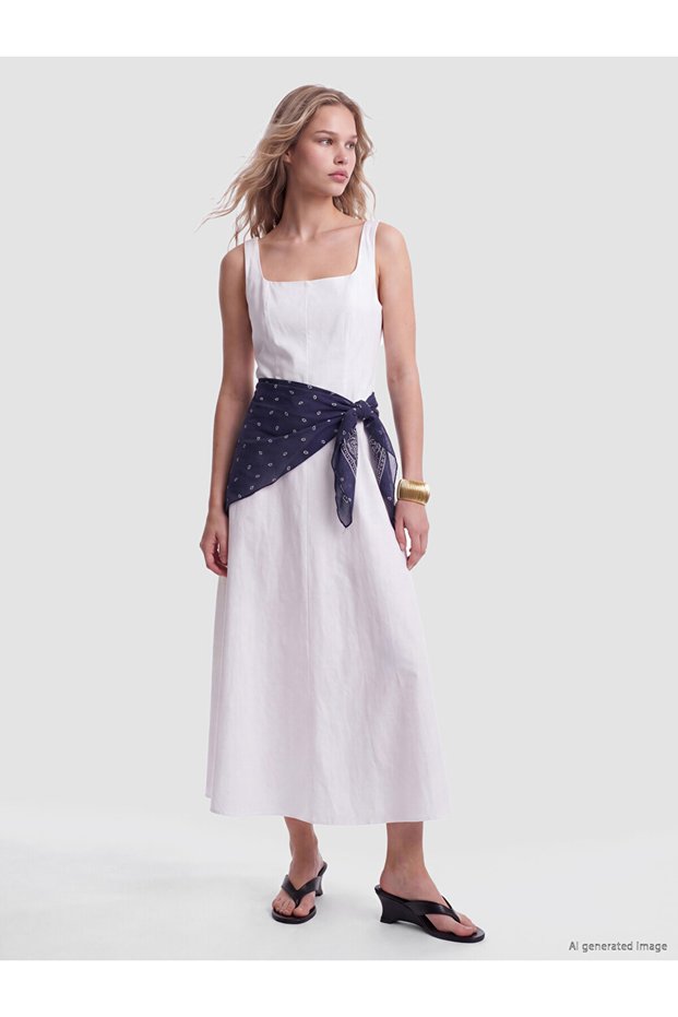 Peak New Season White Square-Neckline Flared Dress with Scarf Detail.