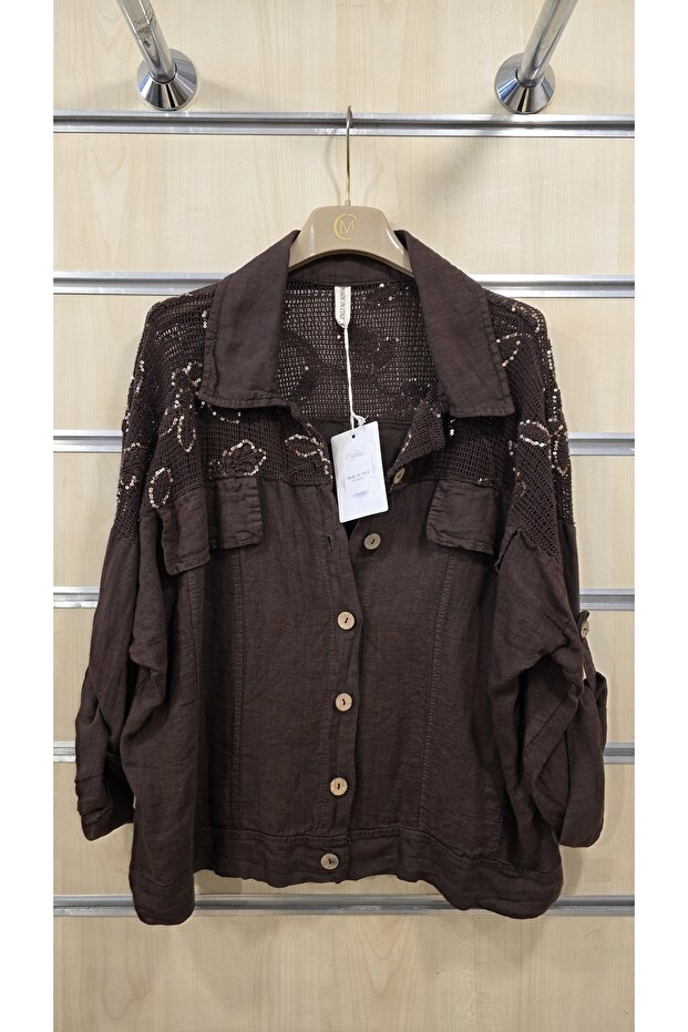 Italian Linen Jacket with Sequin Detail on the Shoulder