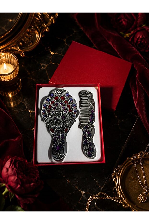 Luxury Gift Boxed Ottoman Palace Collection Antique Copper Stone Embroidered Hand Mirror and Comb Set