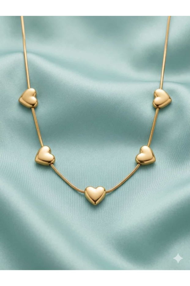 Gold Color Rowed Curved Heart Choker Necklace