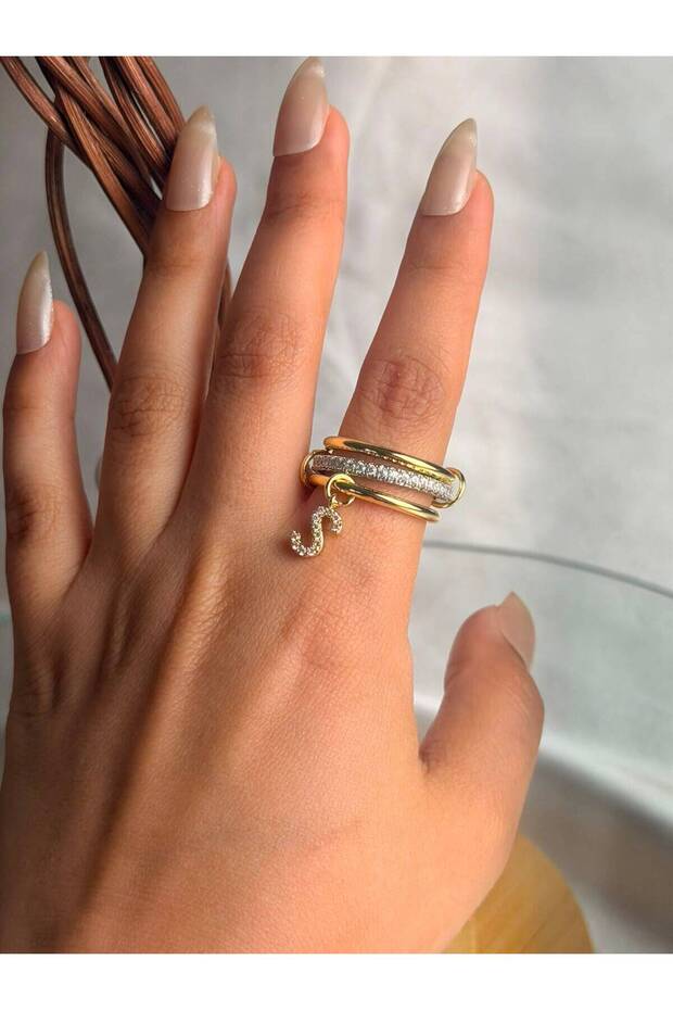 Women's Steel S Letter Zircon Stone Ring | Golden Color