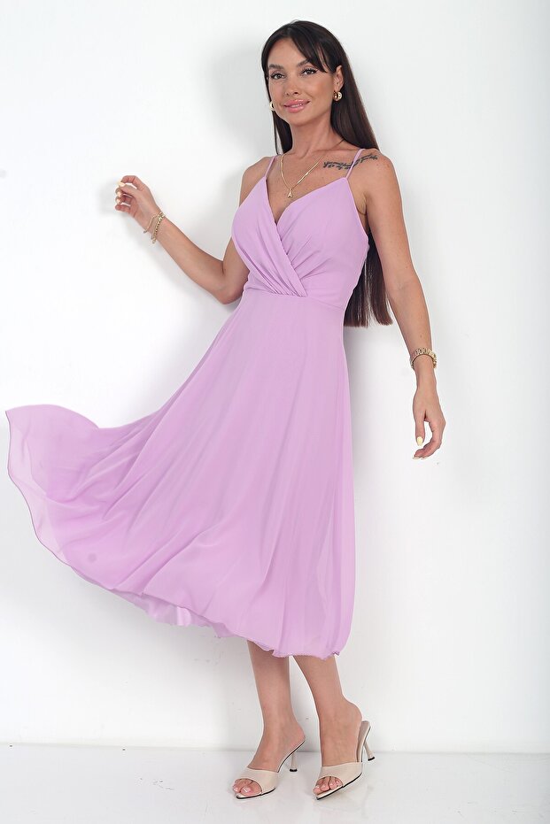 Women's Rope Strap Double Breasted Collar Lined Chiffon Flared Midi Dress