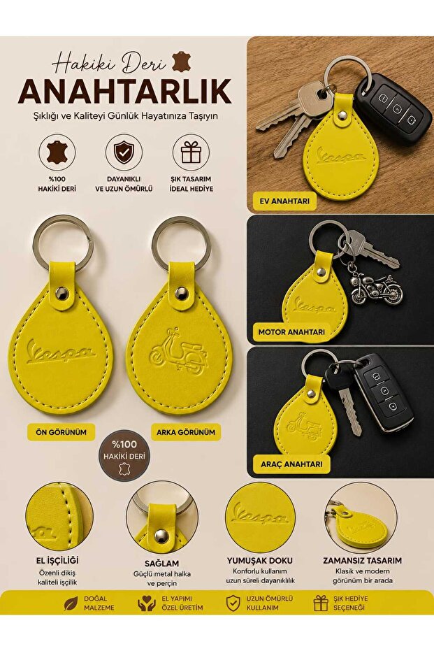 Vespa Genuine Leather Keychain Stylish Durable Handmade Yellow for Car Motor Home Key