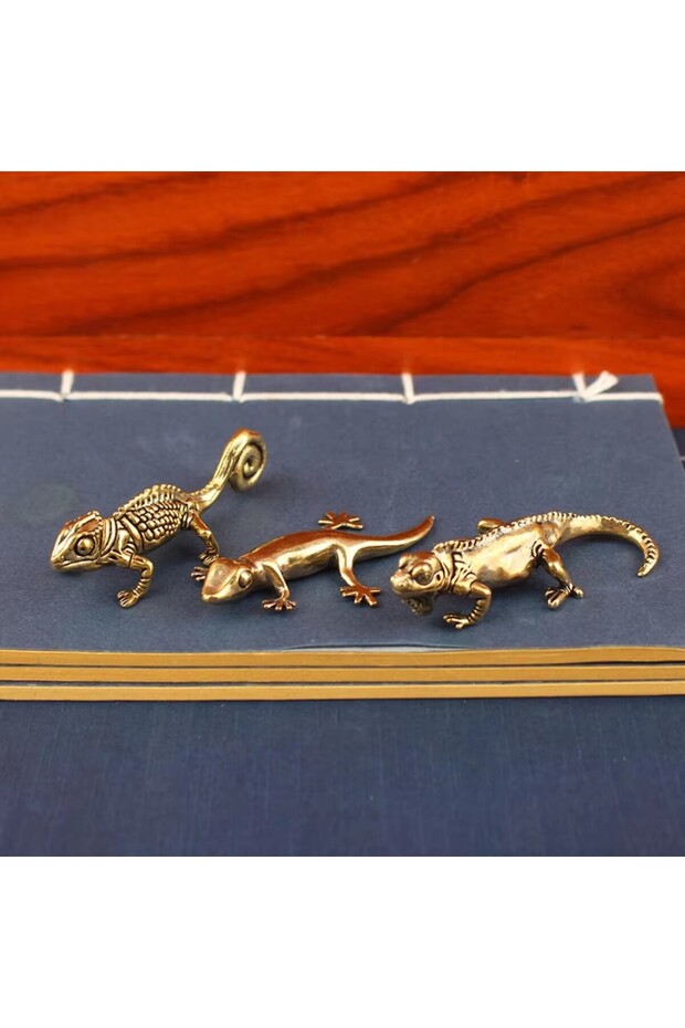 3PCS Gecko figure home decor Small Ornaments Antique Brass Animal Figurines Tea Pet Desk Decorations