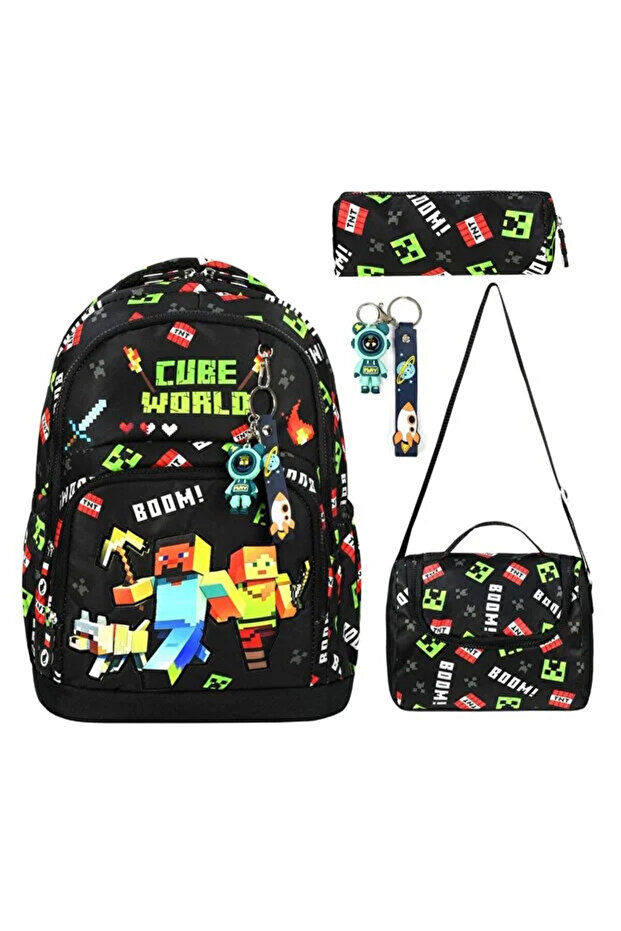 Cube Patterned Triple Children's Primary School School Bag Set (Bag Thermal Lunch Bag Pen Holder Keychain Accessory)