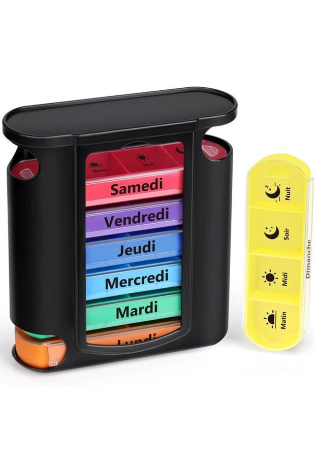 Weekly Storage Boxes (Morning, Noon, Evening, Night) - Stackable 7-box design, 28 compartments, 4x capacity (Black)