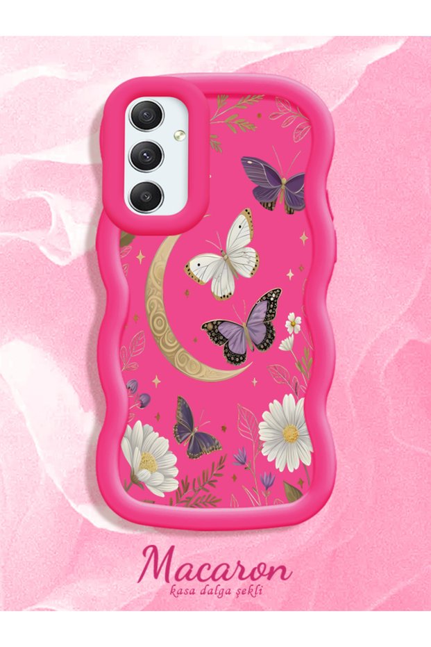 Samsung Galaxy A34 Compatible Wavy Frame Moon Butterfly and Flower Pattern Silicone Phone Case