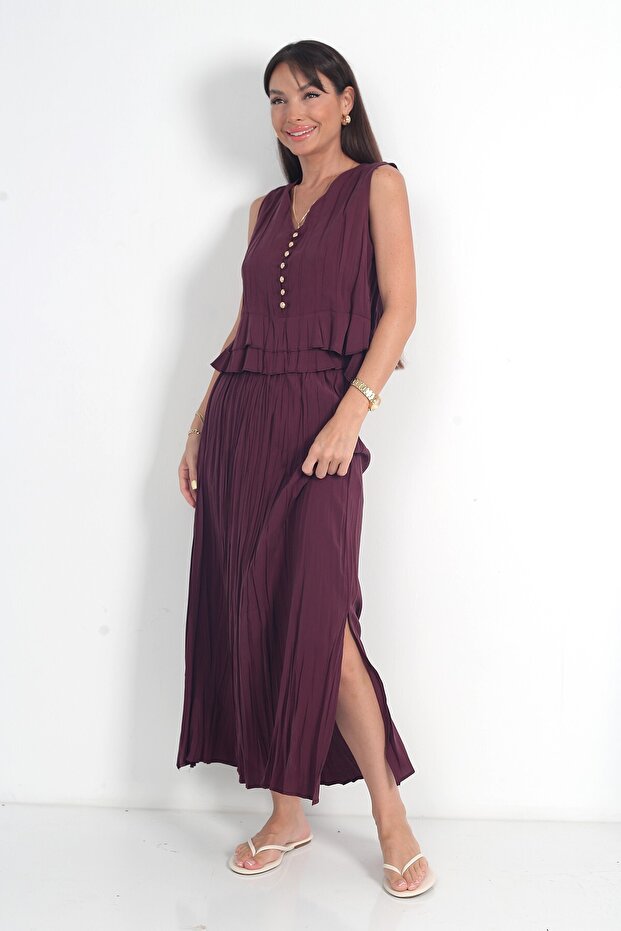 Women's Front Metal Buttoned Ruffled Sleeveless Blouse Elastic Waist Pleated Long Sunset Skirt Modal 2-Piece Set