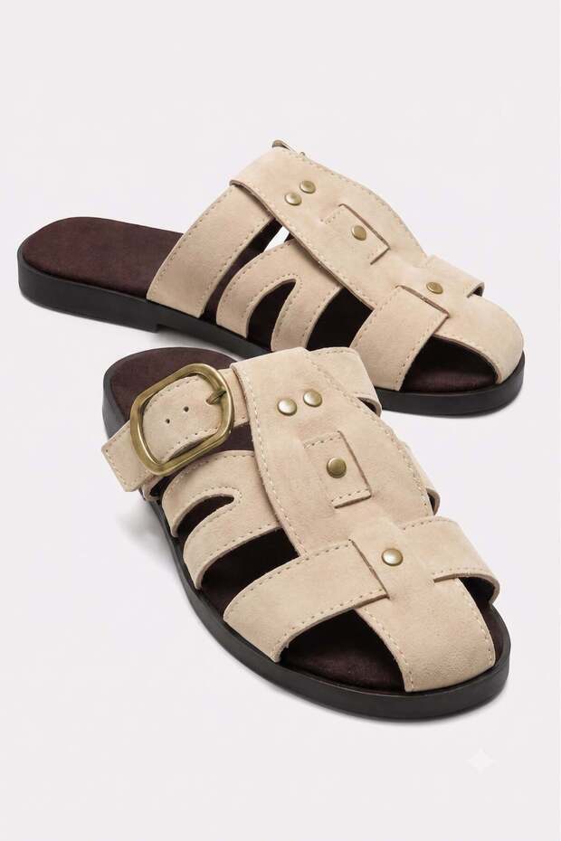 Women's Slippers with Buckle and Closed Front with Pins Beige