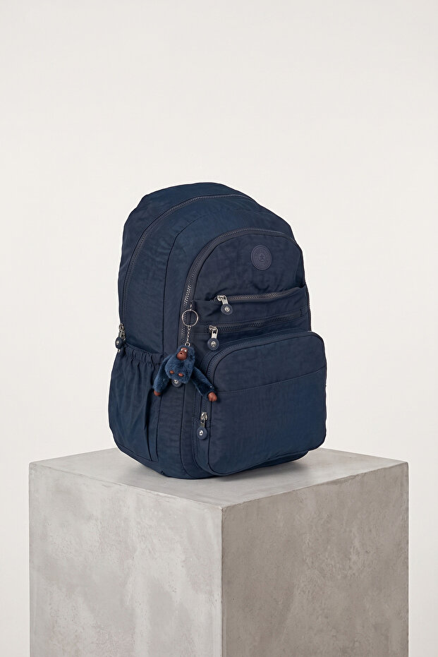 Unisex Teenager Navy Blue School Bag with Monkey Keychain, Crinkle Multi-Compartment Daily Backpack