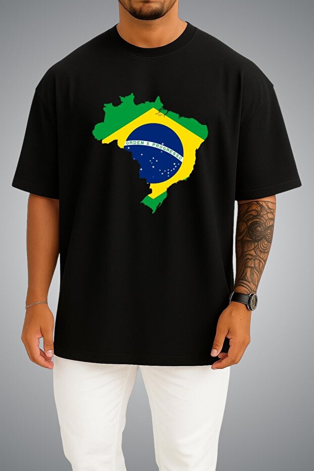 Oversize Brazil Flag and Map Chest Printed Unisex T-Shirt