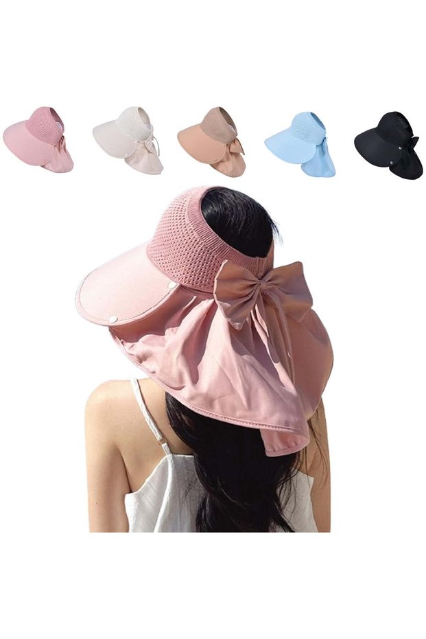Wide-brimmed, openwork sun hat with detachable neck scarf; women's wide-brimmed sun hat with neck scarf; UV protection - pink.