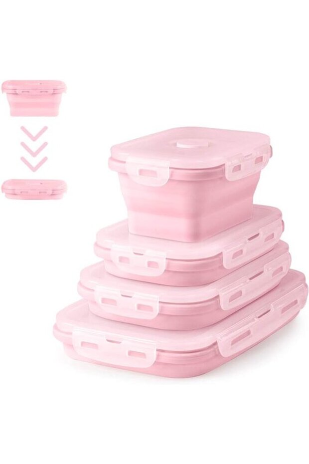 Foldable silicone lunch boxes - suitable for food storage - 4-pack - pink - silicone material