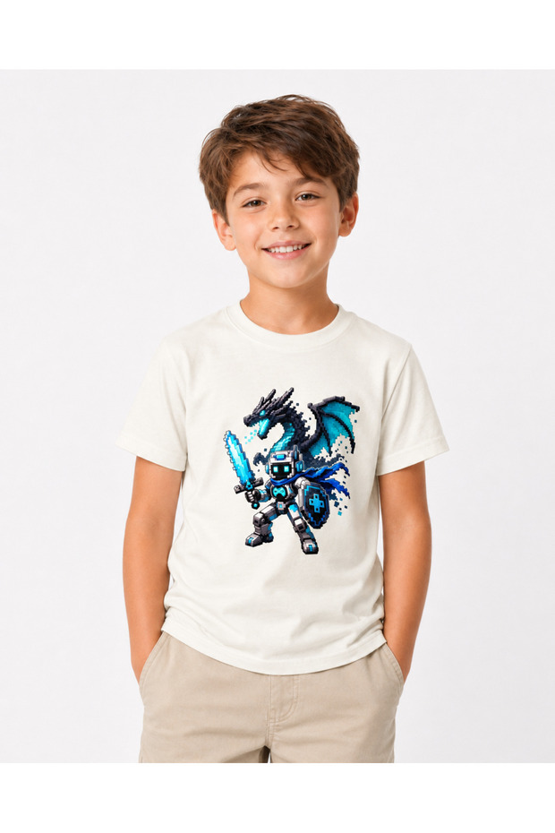 Kids' Robot Knight and Dragon Printed Pixel Art Game Themed Crew Neck Short Sleeve T-Shirt