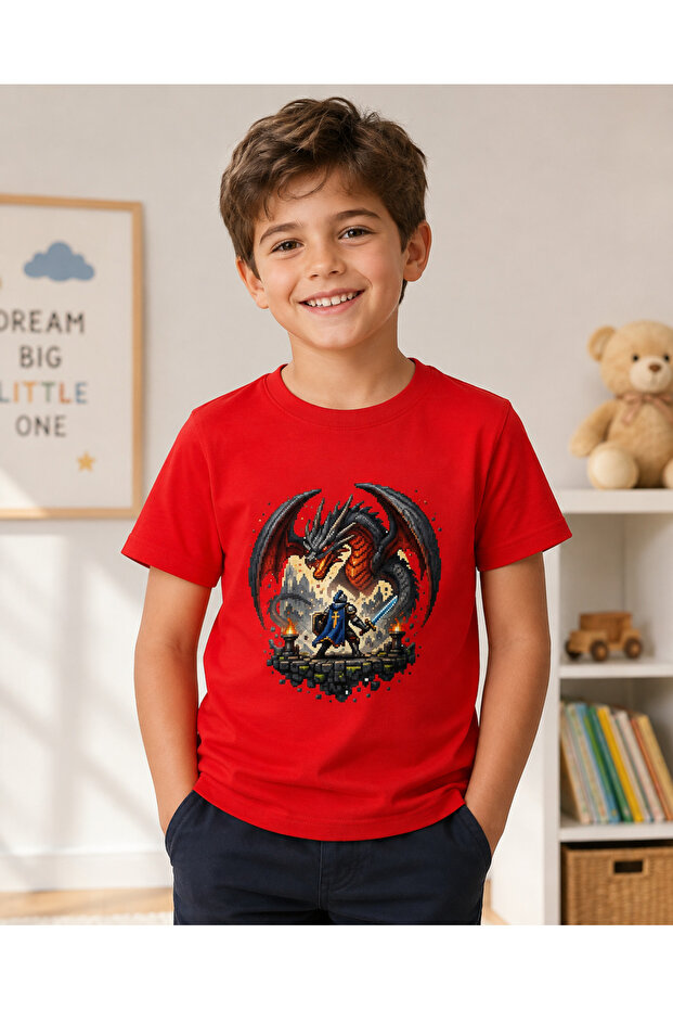 Kids' Dragon and Knight Printed Pixel Art Game-Themed Crew Neck Short Sleeve T-Shirt
