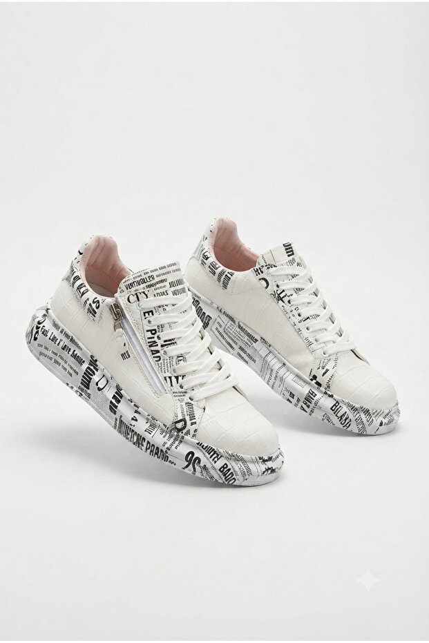 Zrk-X02 Premium Zippered Lace-Up Crocodile White Newspaper Men's Sneaker