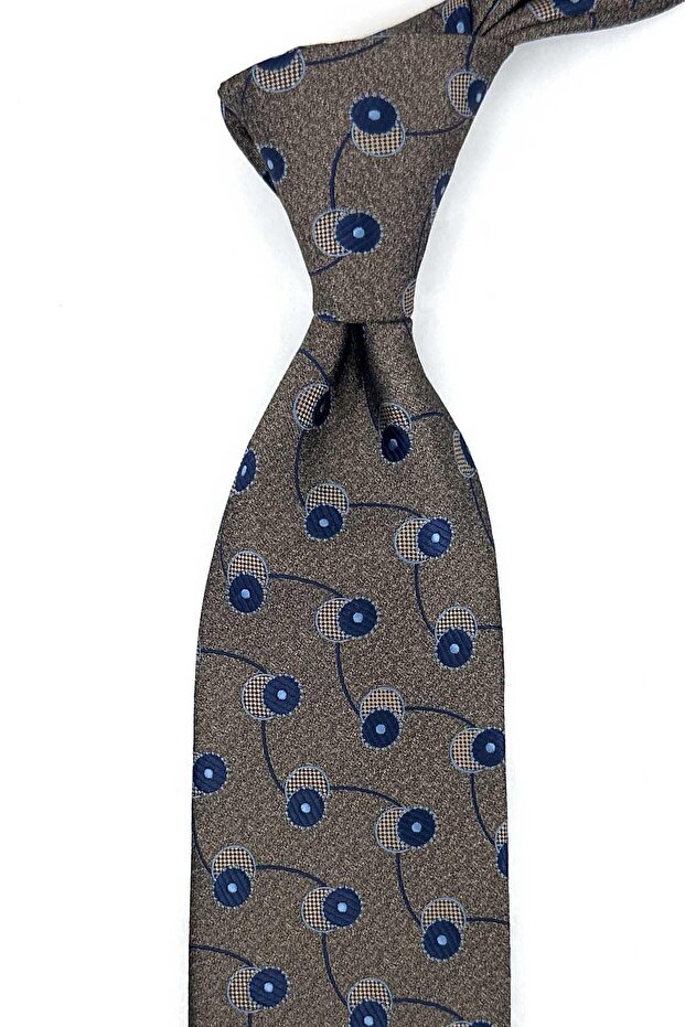 Beige Navy Blue Motif Pattern Classic Tie with Handkerchief Kk13978