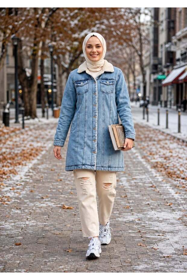Women's Buttoned Pocketed Fur Lined Denim Blue Jacket