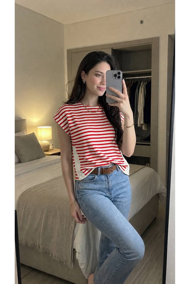 Valeria Women's Striped 100% Cotton Knitwear Blouse – Crew Neck Relaxed Fit Casual Stylish Summer Blouse