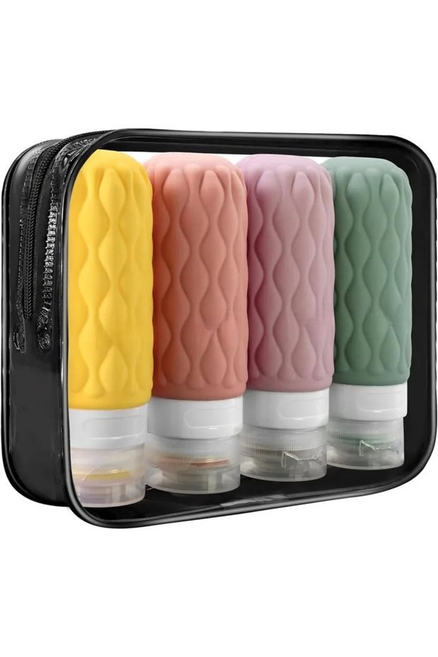 A set of 4 travel toiletries bottles, 100ml silicone travel bottles, with a storage bag.