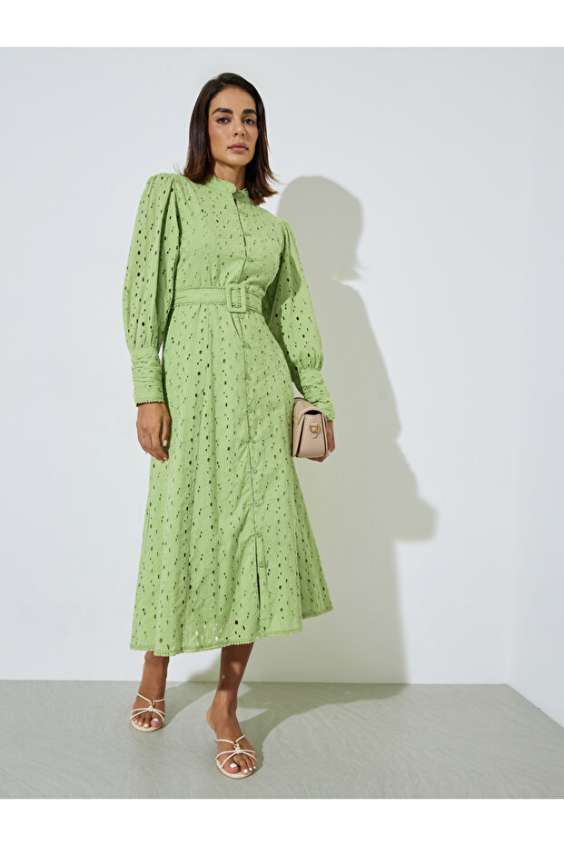 Green Cotton Schiffli Belted Midi Dress