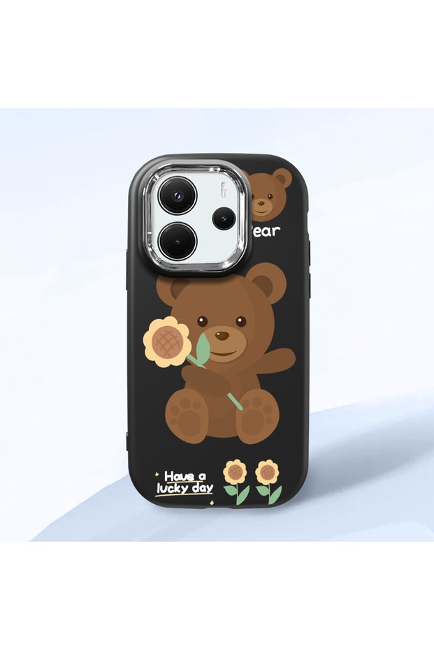 Redmi Note 14 4g Compatible Case Camera Protector Black Silicone Couple Phone Case Bear Pattern