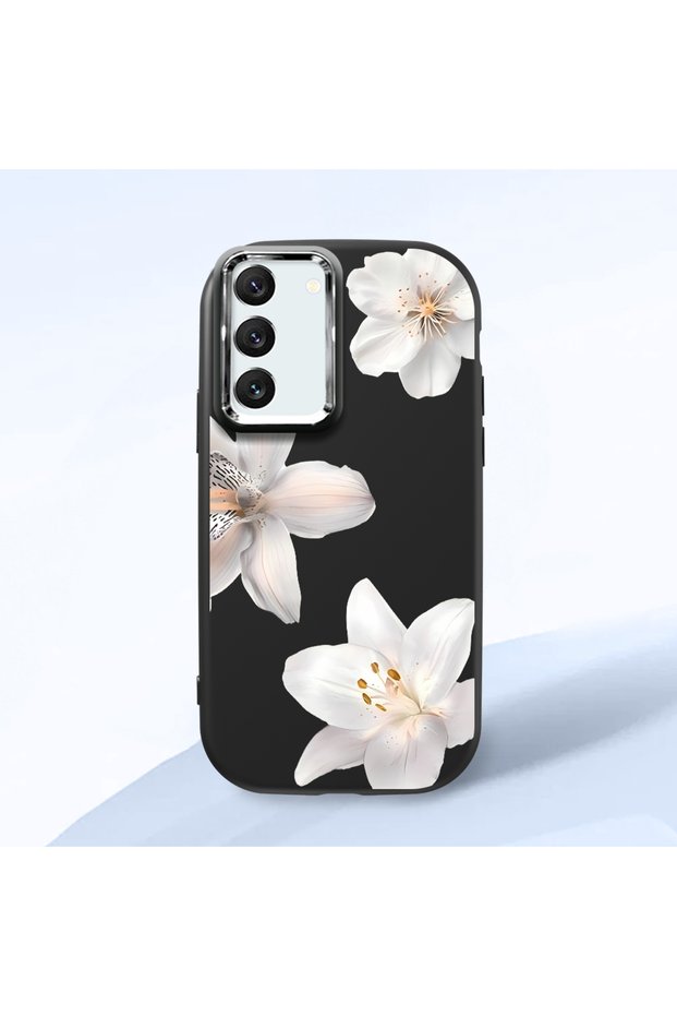 Samsung Galaxy S22 Compatible Case Camera Protector Black Silicone Couple Phone Case with Floral Pattern